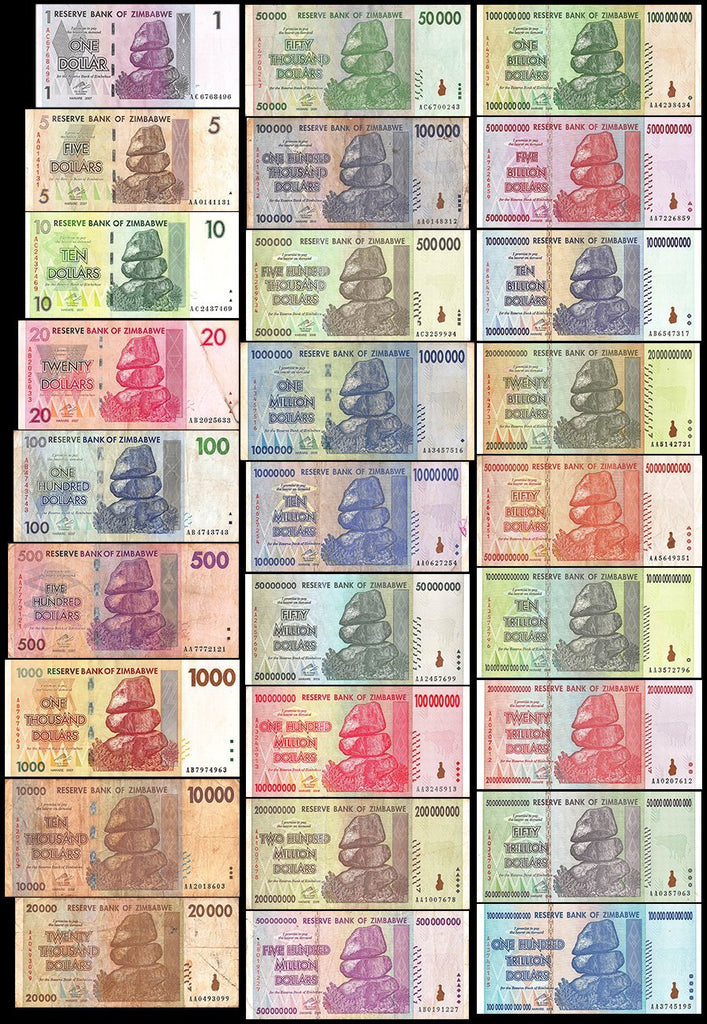Zimbabwe 1-100 Trillion Series Dollars 27 PCS Full Set, 2007-2008, USED - 100Trillions.com
