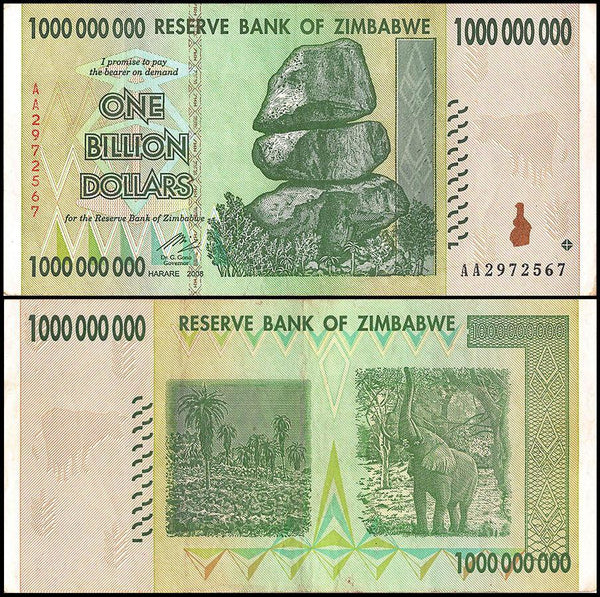 Zimbabwe 1 Billion Dollar Banknote, 2008, AA Series, CIR USED - 100Trillions.com