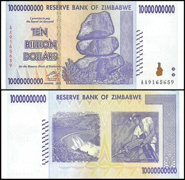 Zimbabwe 10 Billion Dollar Banknote, 2008, AA Series, CIR USED - 100Trillions.com