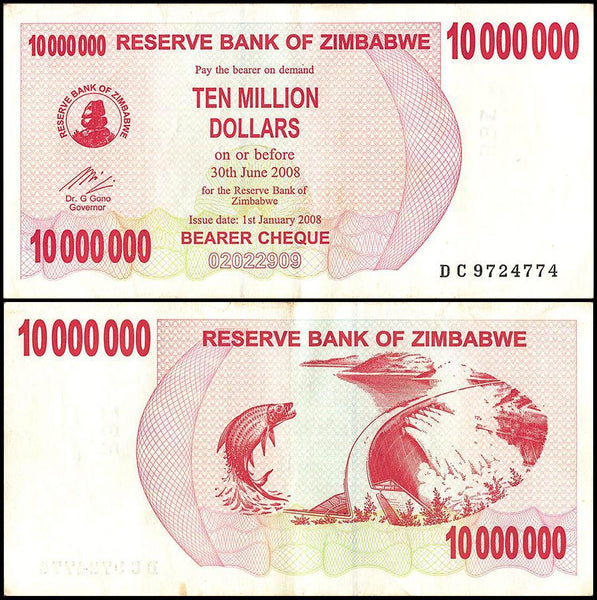 Zimbabwe 10 Million Dollar Bearer Cheque, 2008, CIR USED - 100Trillions.com