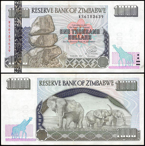 Zimbabwe 1,000 Dollar Banknote, 2003, CIR USED - 100Trillions.com