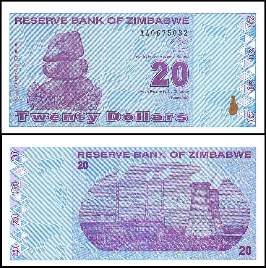 Zimbabwe 20 Dollar Banknote, 2009, NEW - 100Trillions.com
