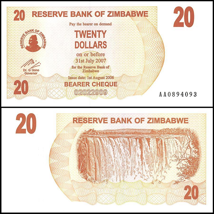 Zimbabwe 20 Dollar Bearer Cheque, 2006, NEW - 100Trillions.com