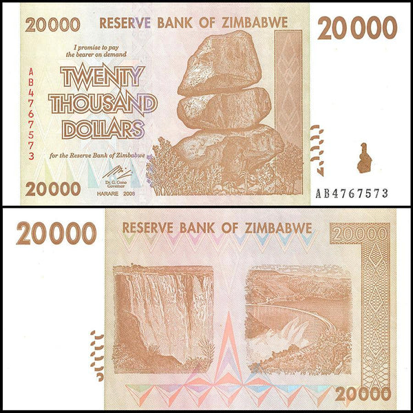 Zimbabwe 20,000 Dollar Banknote, 2008, NEW - 100Trillions.com