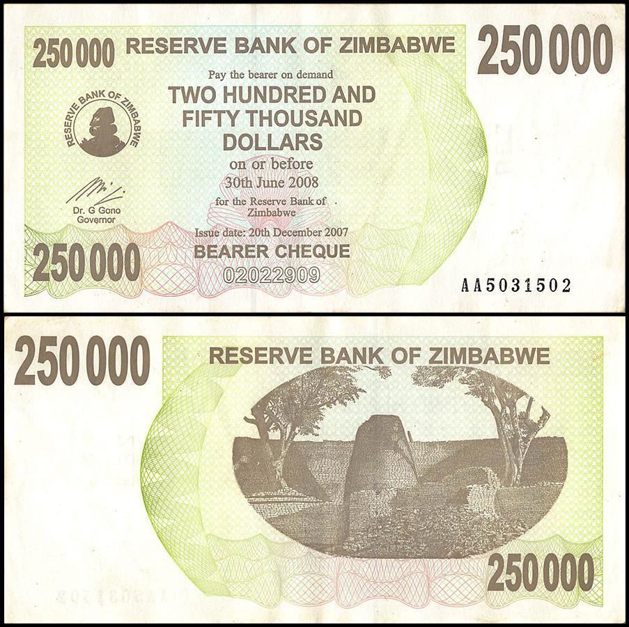 Zimbabwe 250,000 Dollar Bearer Cheque, 2007, USED - 100Trillions.com