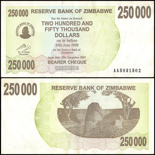 Zimbabwe 250,000 Dollar Bearer Cheque, 2007, USED - 100Trillions.com