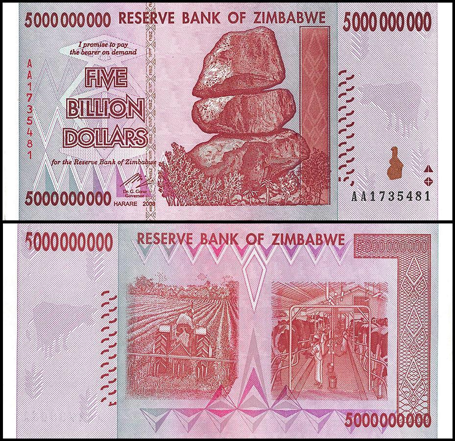 Zimbabwe 5 Billion Dollar Banknote, 2008, AA Series, USED - 100Trillions.com