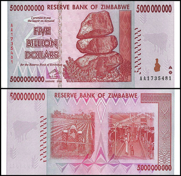 Zimbabwe 5 Billion Dollar Banknote, 2008, AA Series, USED - 100Trillions.com