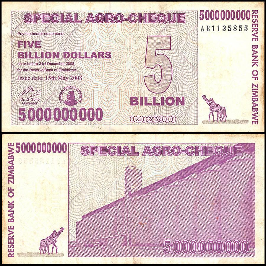 Zimbabwe 5 Billion Dollar Special Agro-Cheque, 2008, USED - 100Trillions.com