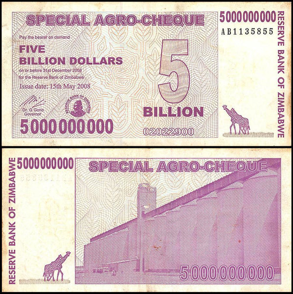 Zimbabwe 5 Billion Dollar Special Agro-Cheque, 2008, USED - 100Trillions.com