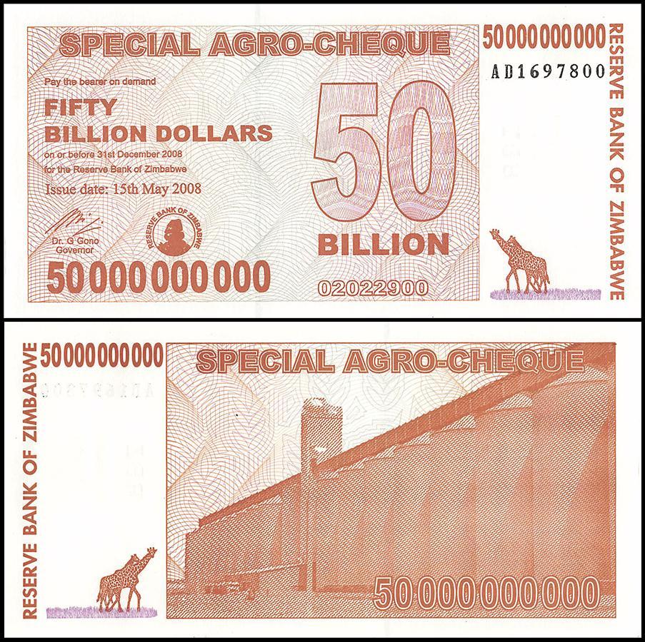 Zimbabwe 50 Billion Dollar Banknote Special Agro Cheque, 2008, New - 100Trillions.com