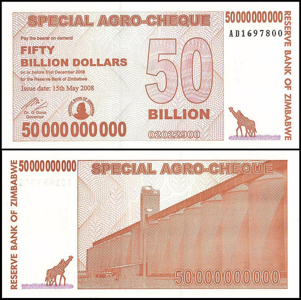 Zimbabwe 50 Billion Dollar Banknote Special Agro Cheque, 2008, New - 100Trillions.com