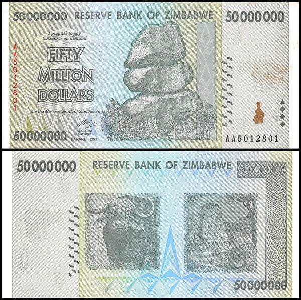 Zimbabwe 50 Million Dollar Banknote, 2008, AA Series, USED - 100Trillions.com