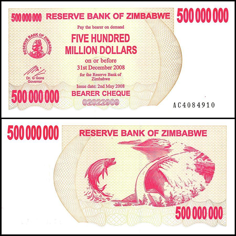 Zimbabwe 500 Million Dollar Bearer Cheque, 2008, NEW - 100Trillions.com