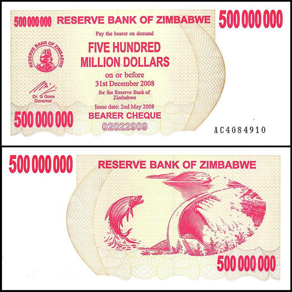 Zimbabwe 500 Million Dollar Bearer Cheque, 2008, NEW - 100Trillions.com