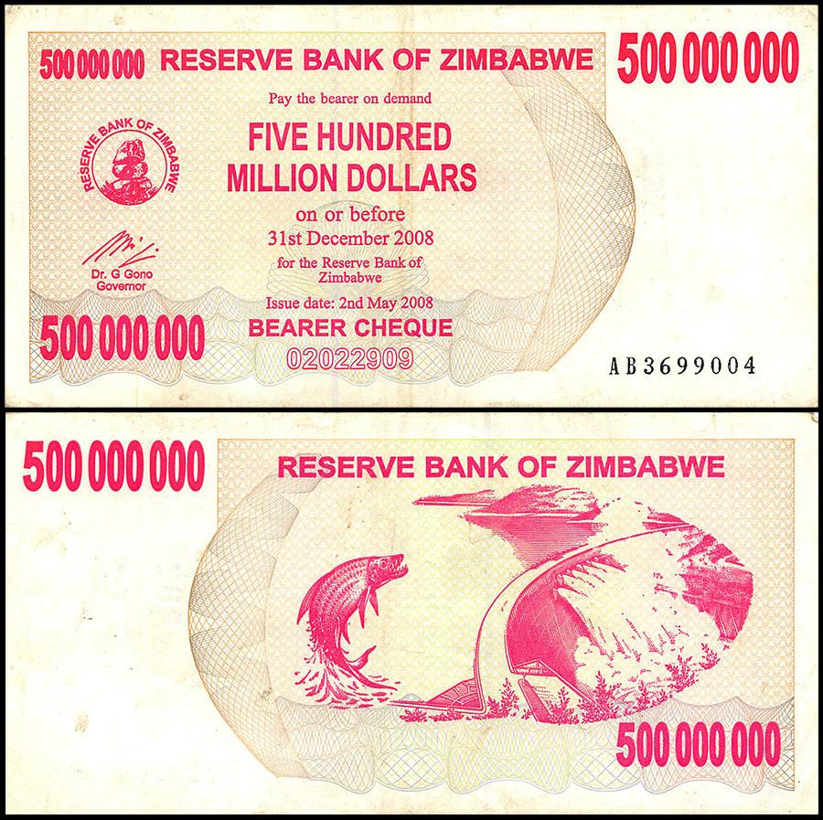 Zimbabwe 500 Million Dollar Bearer Cheque, 2008, USED - 100Trillions.com