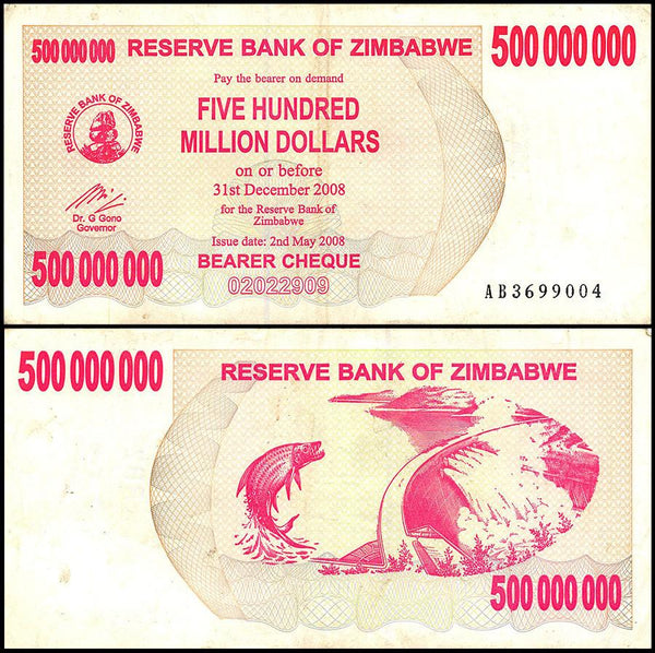 Zimbabwe 500 Million Dollar Bearer Cheque, 2008, USED - 100Trillions.com