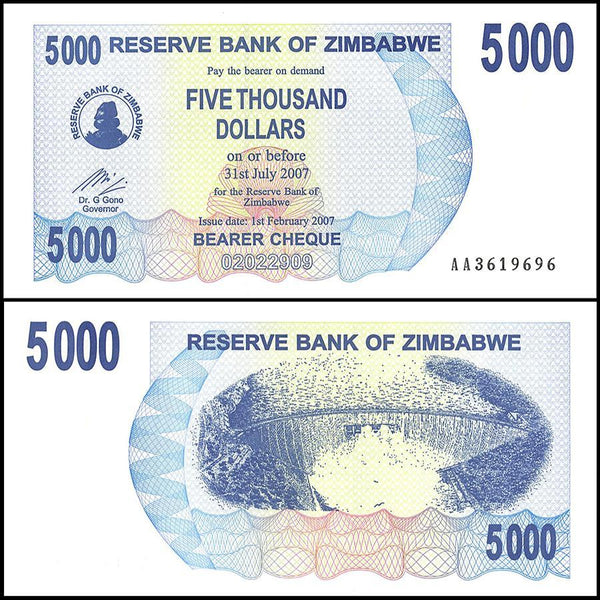 Zimbabwe 5,000 Dollar Bearer Cheque, 2007, NEW - 100Trillions.com