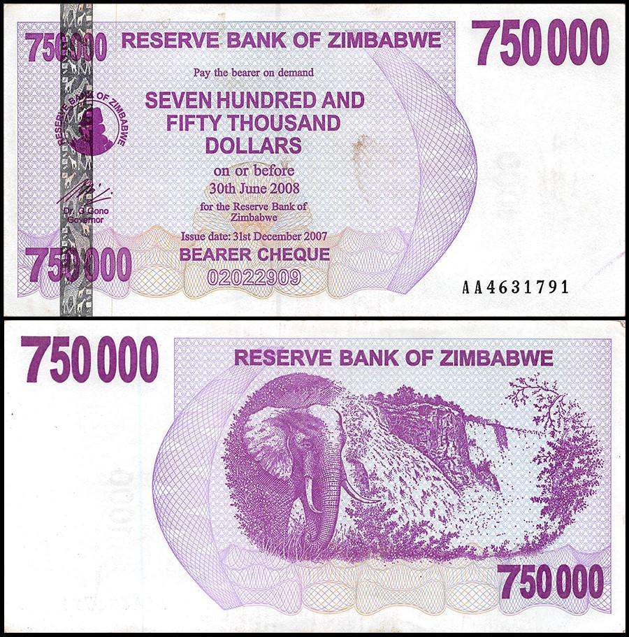 Zimbabwe 750,000 Dollar Bearer Cheque, 2007, USED - 100Trillions.com