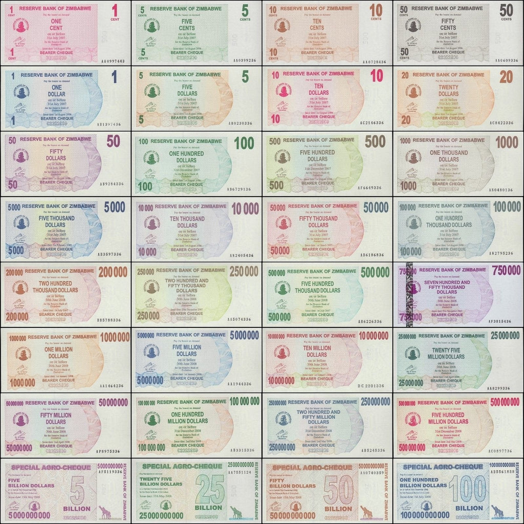 Zimbabwe Full Bearer/Agro Cheque Set 1 Cent - $100 Billion Dollars 32 Piece Set, 2006-2008, NEW - 100Trillions.com