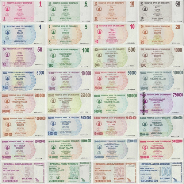 Zimbabwe Full Bearer/Agro Cheque Set 1 Cent - $100 Billion Dollars 32 Piece Set, 2006-2008, NEW - 100Trillions.com