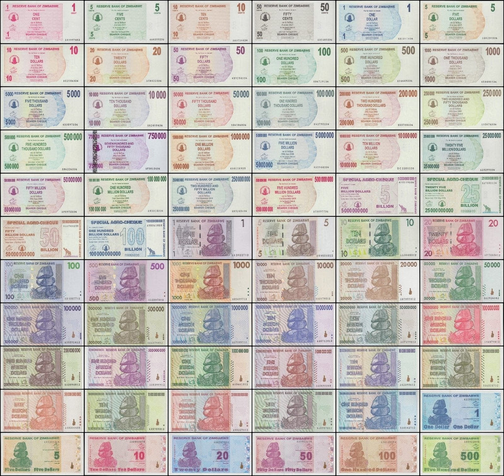 Zimbabwe Full Complete Set 1 Cent - $100 Trillion Dollars 66 Piece Set, 2006-2009, NEW - 100Trillions.com