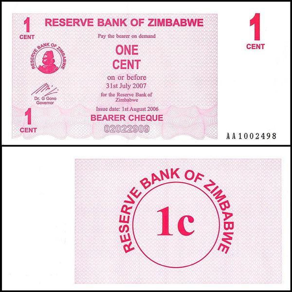 Zimbabwe 1 Cent Bearer Cheque, 2006, NEW - 100Trillions.com