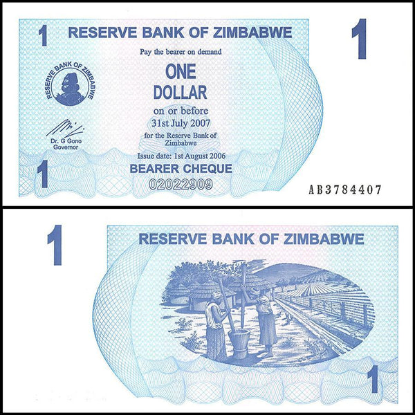 Zimbabwe 1 Dollar Bearer Cheque, 2006, NEW - 100Trillions.com