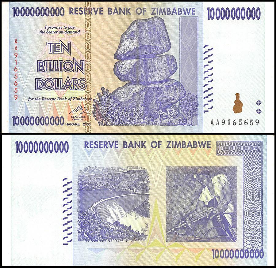 Zimbabwe 10 Billion Dollar Banknote, 2008, AA Series, CIR USED - 100Trillions.com