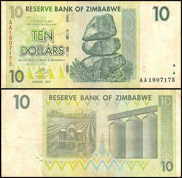 Zimbabwe 10 Dollar Banknote, 2007, CIR USED - 100Trillions.com