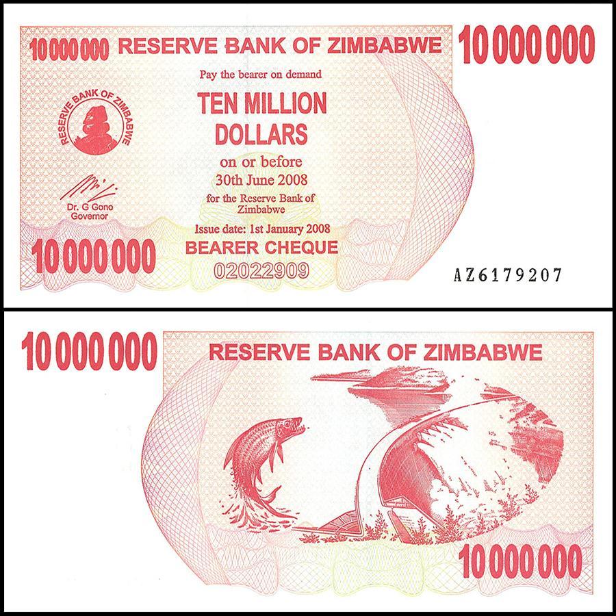 Zimbabwe 10 Million Dollar Bearer Cheque, 2008, NEW - 100Trillions.com