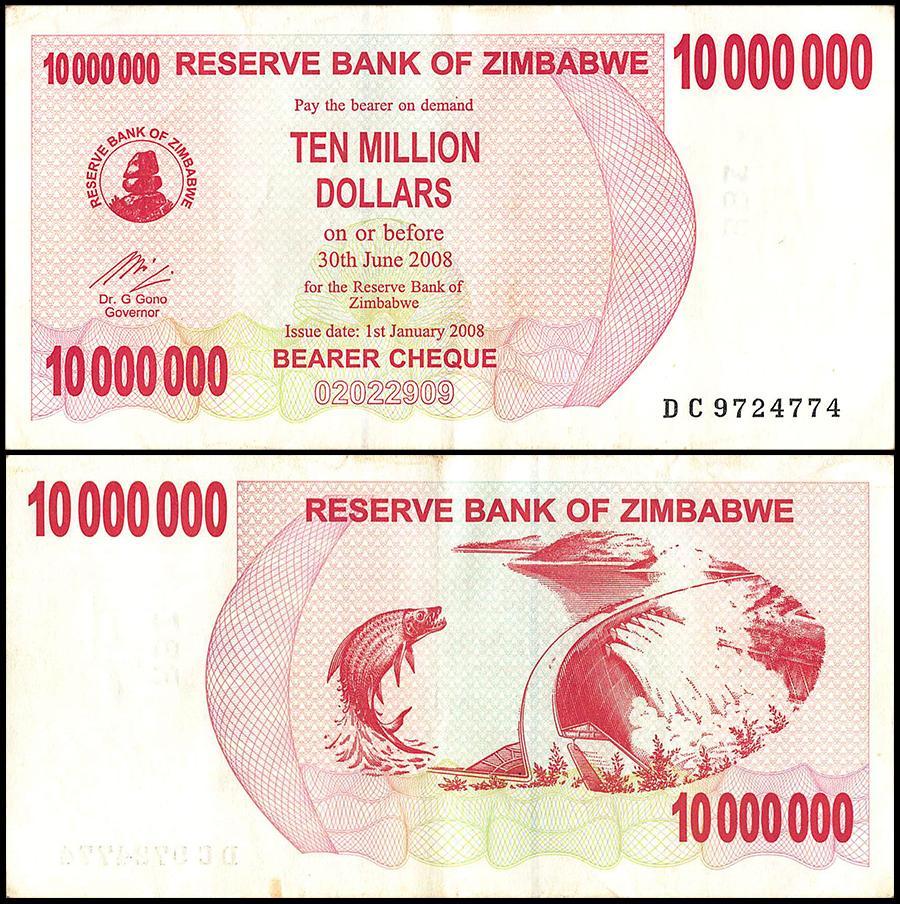 Zimbabwe 10 Million Dollar Bearer Cheque, 2008, CIR USED - 100Trillions.com