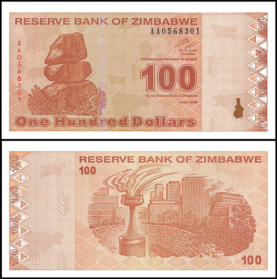 Zimbabwe 100 Dollar Banknote, 2009, NEW - 100Trillions.com