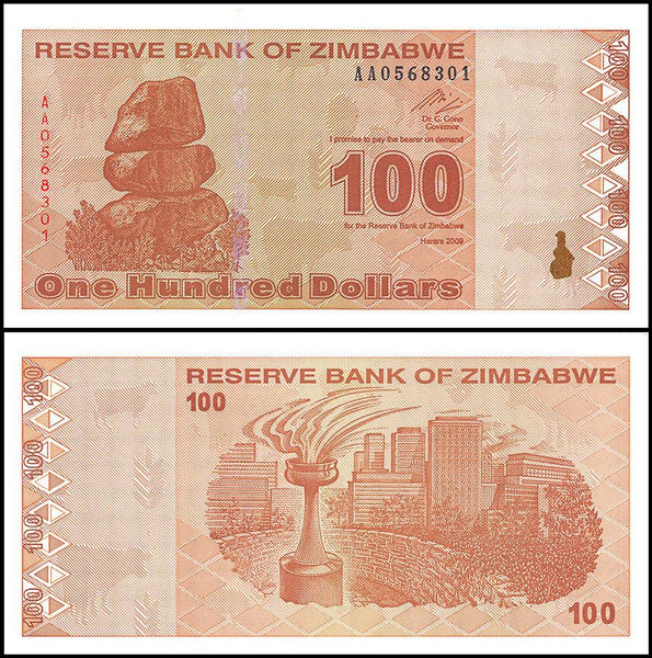 Zimbabwe 100 Dollar Banknote, 2009, NEW - 100Trillions.com