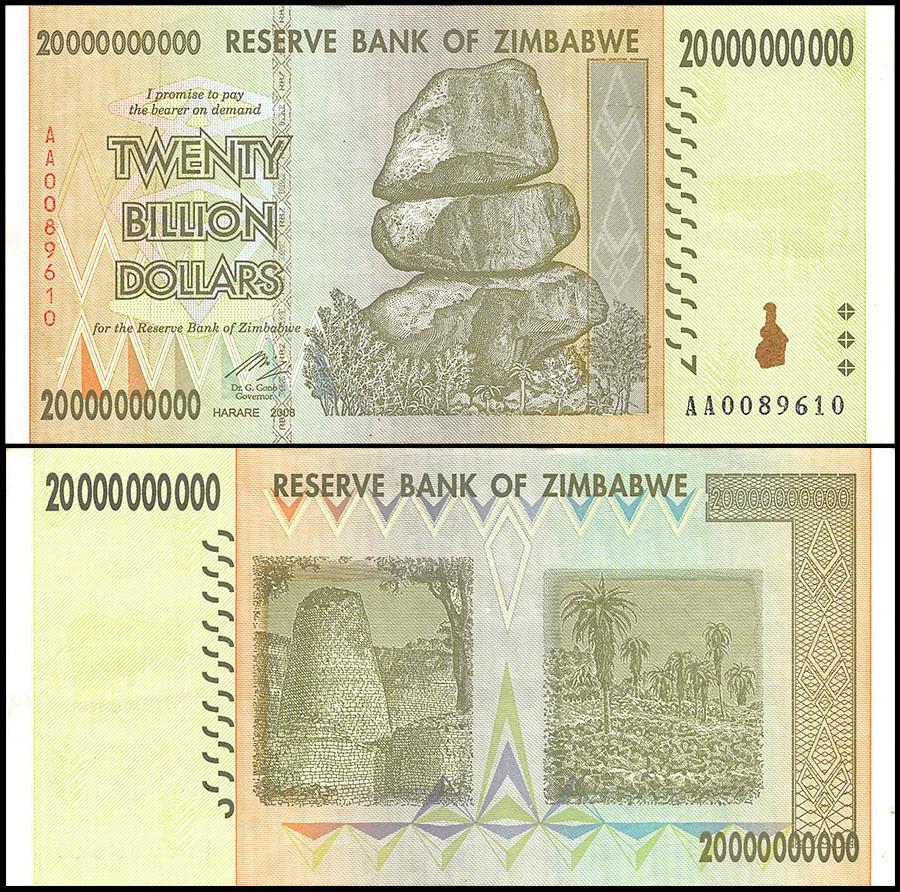 Zimbabwe 20 Billion Dollar Banknote, 2008, AA Series, USED - 100Trillions.com