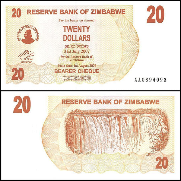 Zimbabwe 20 Dollar Bearer Cheque, 2006, NEW - 100Trillions.com