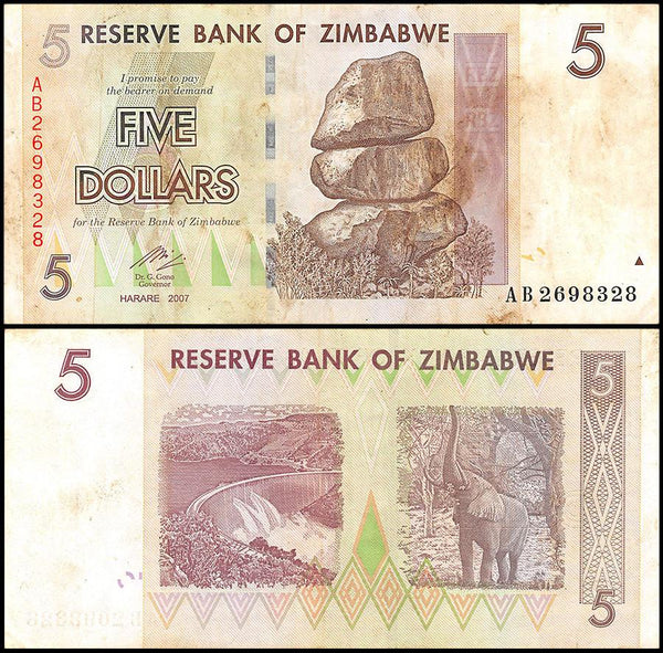 Zimbabwe 5 Dollar Banknote, 2007, USED - 100Trillions.com