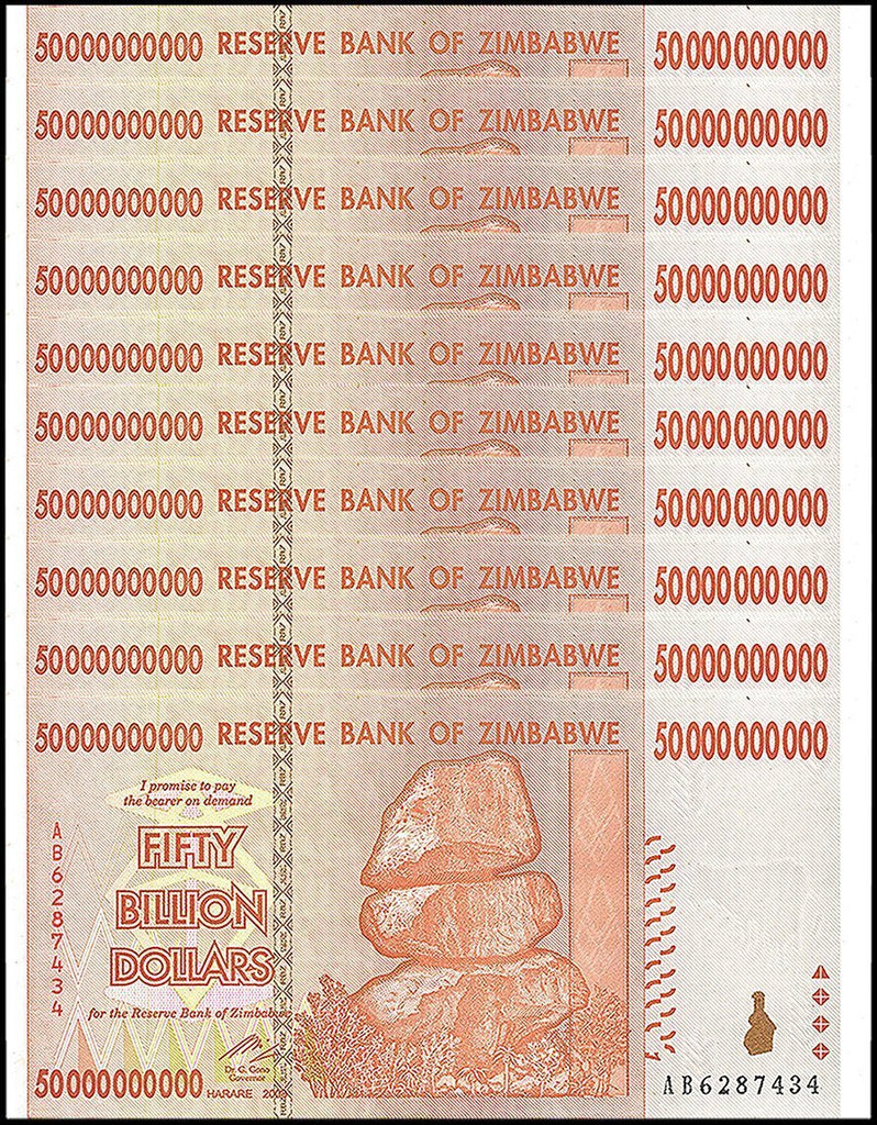 Set Di 9 Banconote Dello Zimbabwe Iperinflazionate - 10, 20, 50, 100 Trillion, 1-50 Billion Dollari, 2008