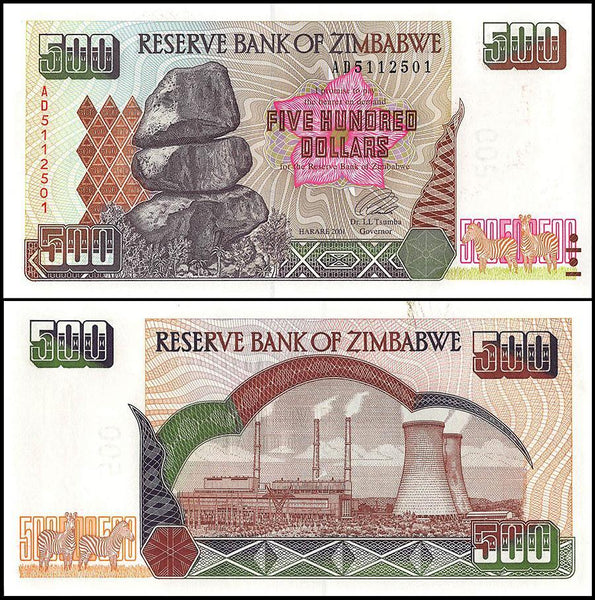 Zimbabwe 500 Dollar Banknote, 2001, NEW - 100Trillions.com