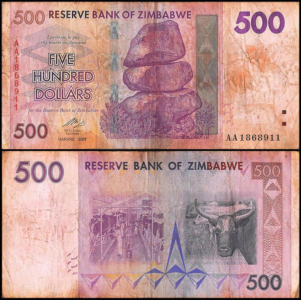 Zimbabwe 500 Dollar Banknote, 2007, USED - 100Trillions.com