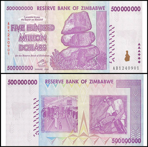 Zimbabwe 500 Million Dollar Banknote, 2008, AB Series, NEW - 100Trillions.com