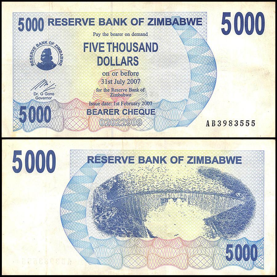 Zimbabwe 5,000 Dollar Bearer Cheque, 2007, USED - 100Trillions.com